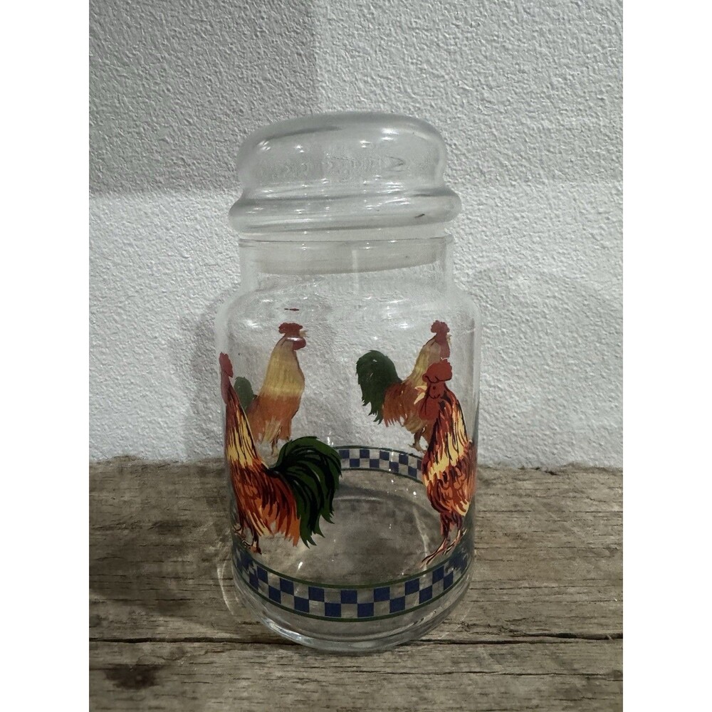 Vintage Glass Rooster Chicken Canister Jar w/ Glass Lid Farmhouse Kitchen Decor